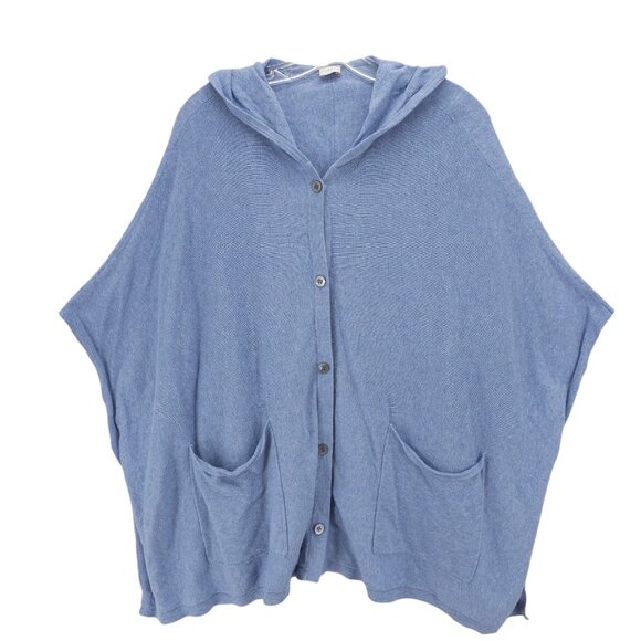 POETRY Hooded Cardigan Poncho Sweater Hooded Blue Cotton Linen Est. L/XL - Picture 1 of 7